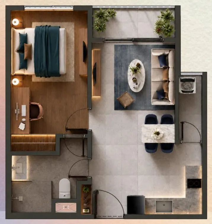 Mặt bằng căn 1 phòng ngủ (Aura) — 52,92 m² tim tường, 48,99 m² thông thủy