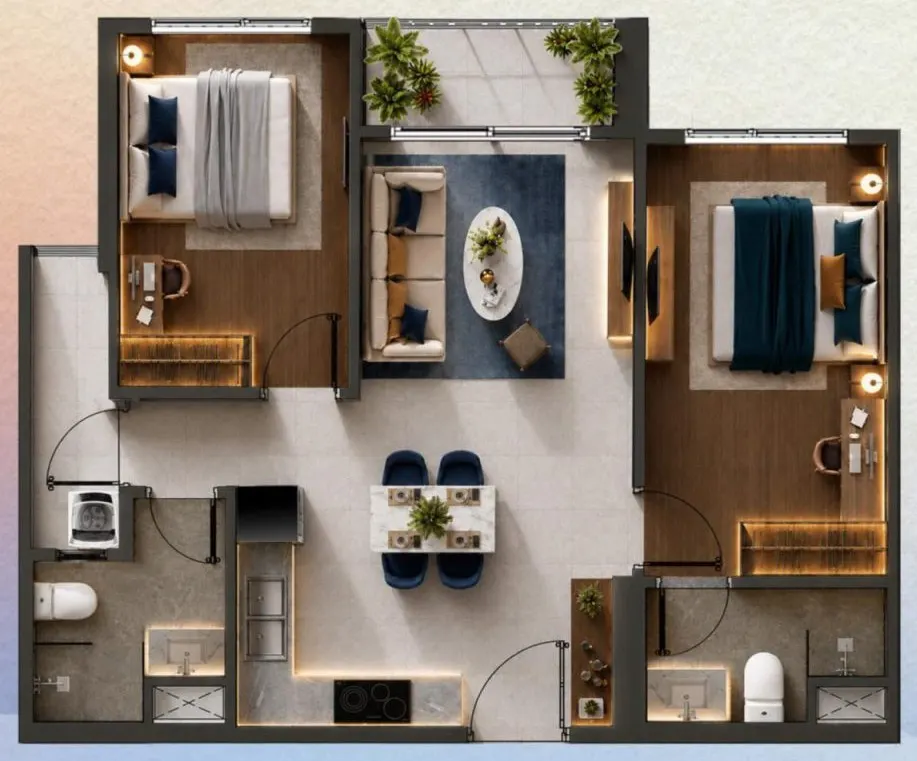 Mặt bằng căn 2PN Basic (Lumina) — 69,00 m² tim tường, 63,42 m² thông thủy