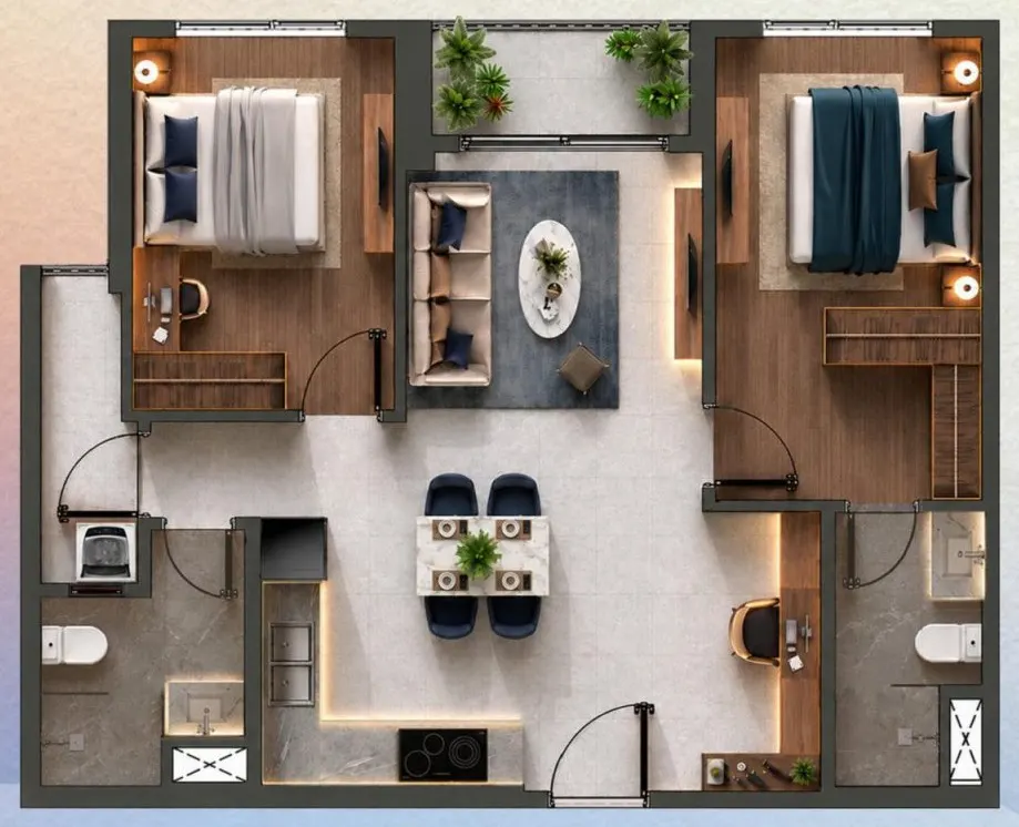 Mặt bằng căn 2PN Plus (Lumina) — 73,96 m² tim tường, 68,34 m² thông thủy
