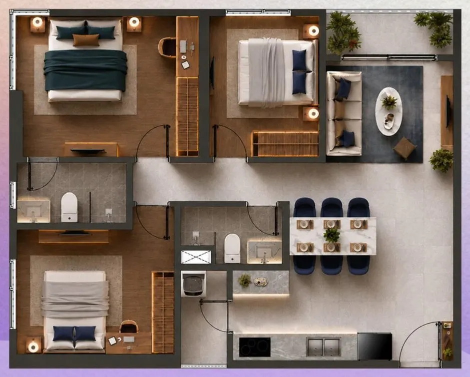 Mặt bằng căn 3PN Basic (Tidal) — 94,55 m² tim tường, 88,83 m² thông thủy