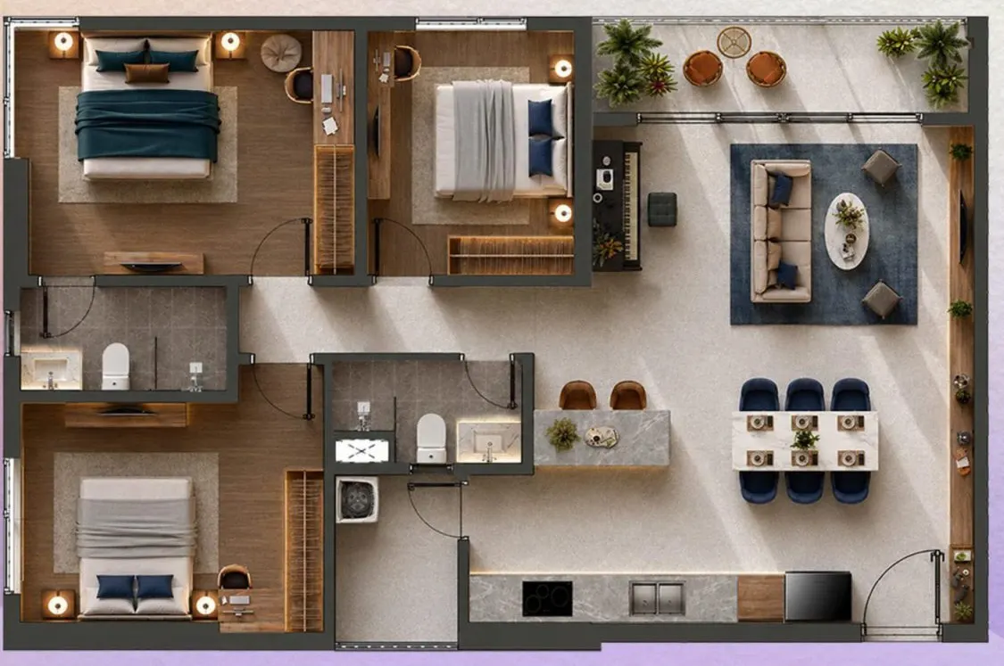 Mặt bằng căn 3PN Plus (Tidal) — 119,57 m² tim tường, 113,16 m² thông thủy