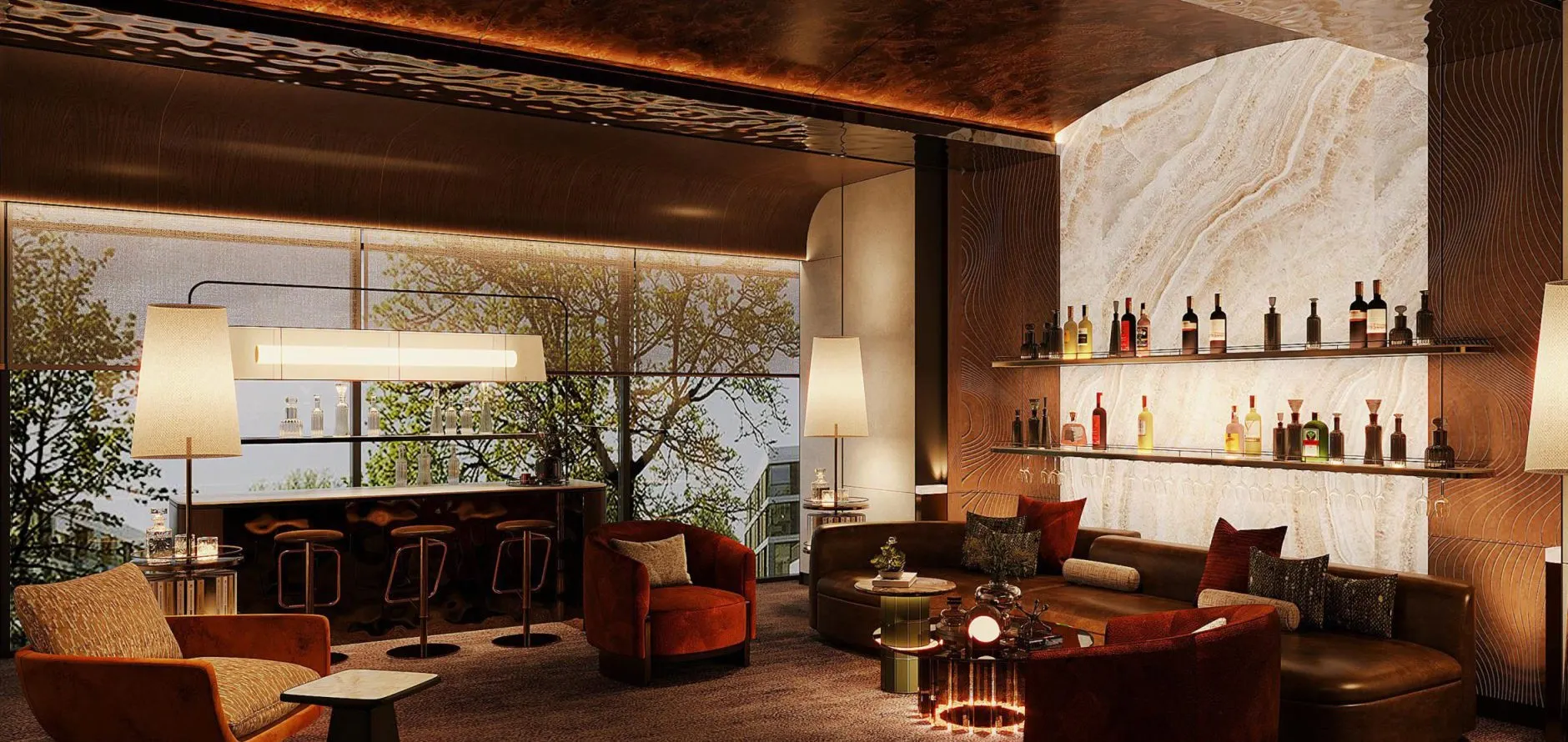 Cigar Lounge với quầy bar gỗ và sofa da