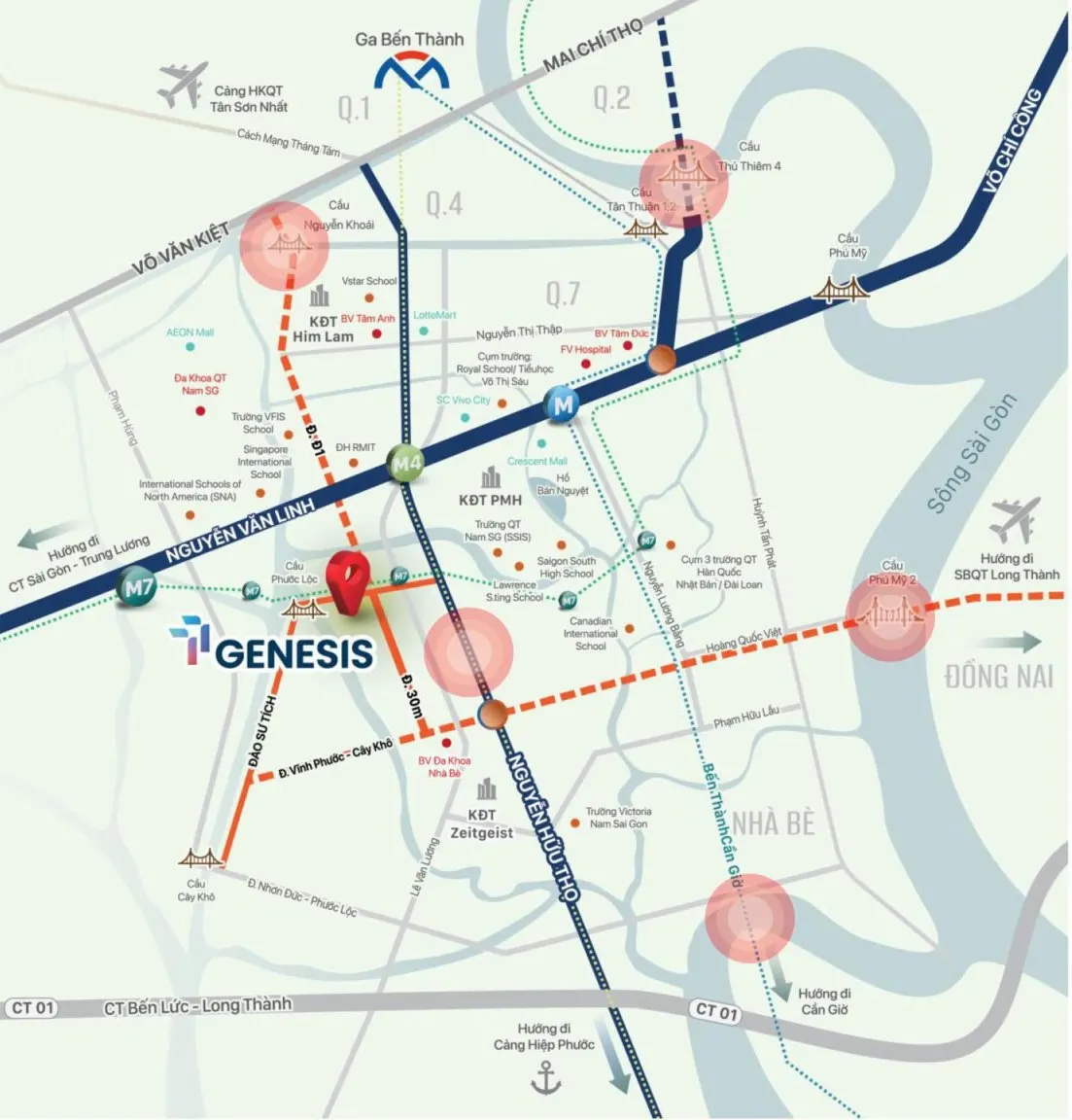 Bản đồ vùng: vị trí TT Genesis giữa Nguyễn Văn Linh, Nguyễn Hữu Thọ, Lê Văn Lương và các cây cầu quy hoạch