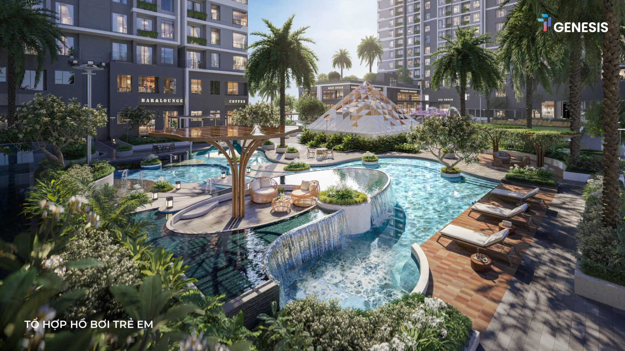 Phối cảnh tổ hợp hồ bơi trẻ em phong cách resort nhiệt đới tại dự án căn hộ TT Genesis.