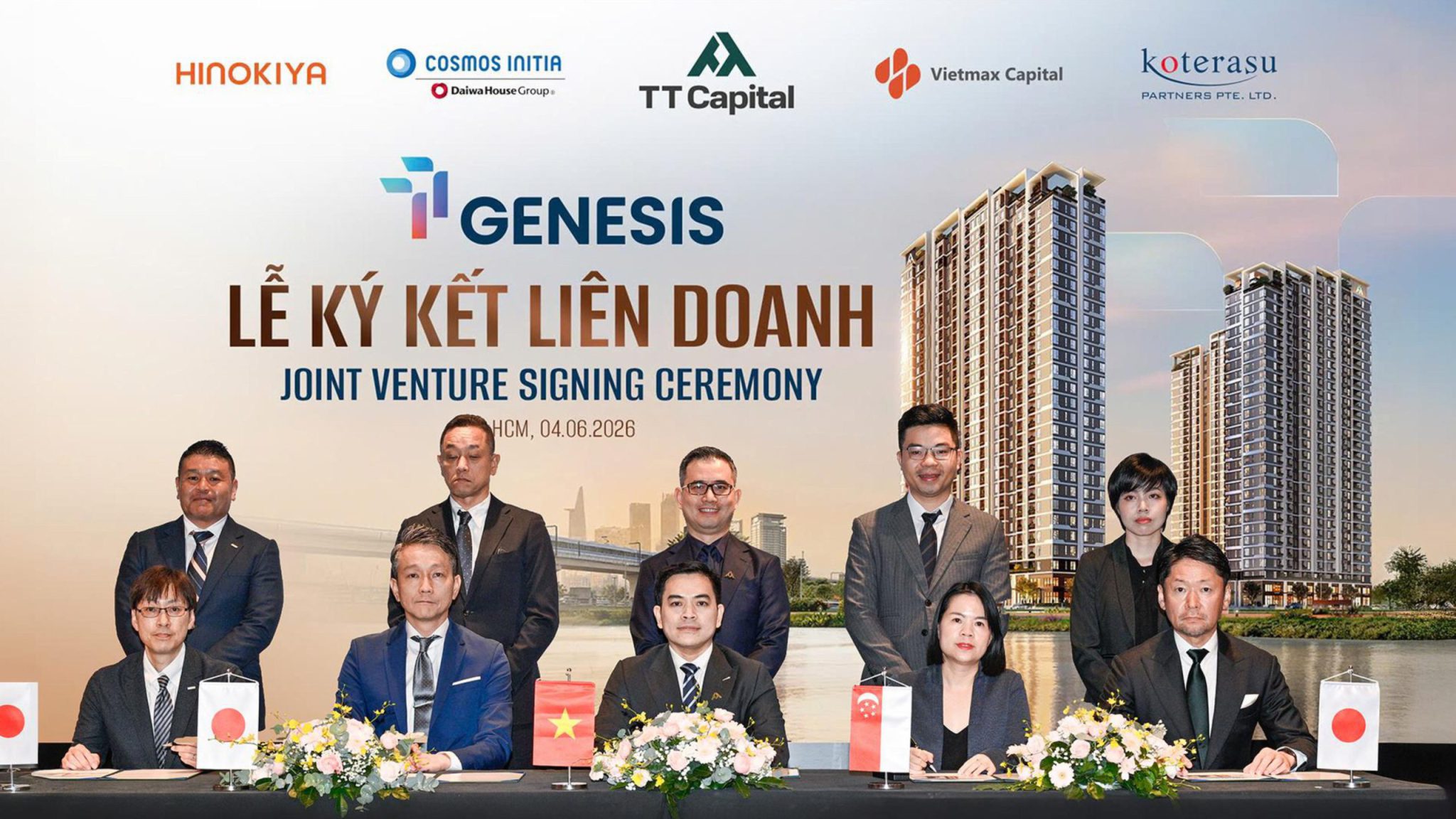 Hình ảnh sự kiện lễ ký kết liên doanh hợp tác phát triển dự án căn hộ TT Genesis giữa các đối tác quốc tế.