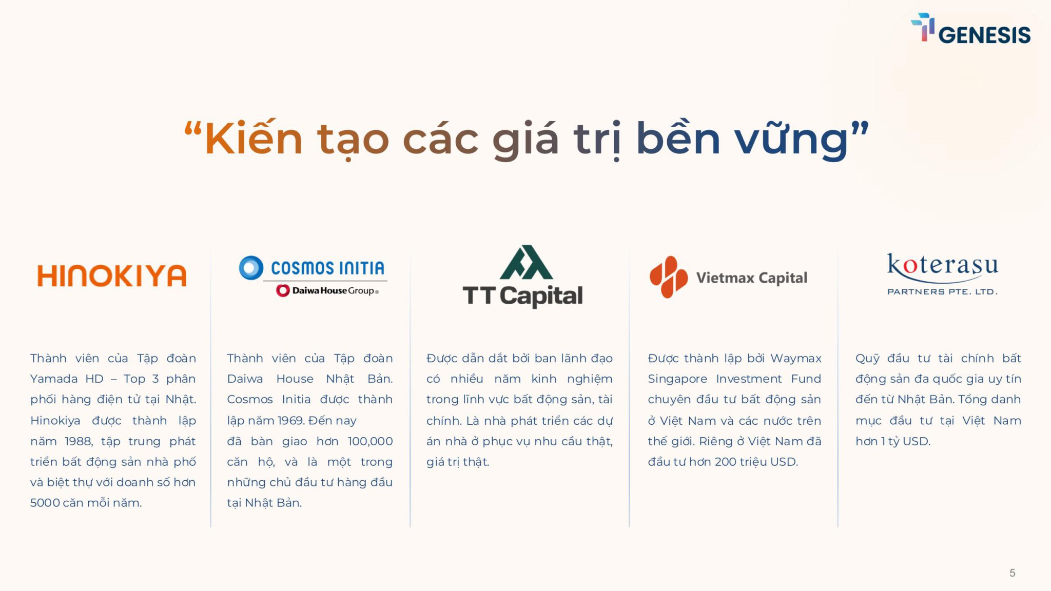Thế mạnh và tâm huyết của liên doanh chủ đầu tư dự án TT Genesis gồm Hinokiya, Cosmos Initia, TT Capital, Vietmax Capital và Koterasu.
