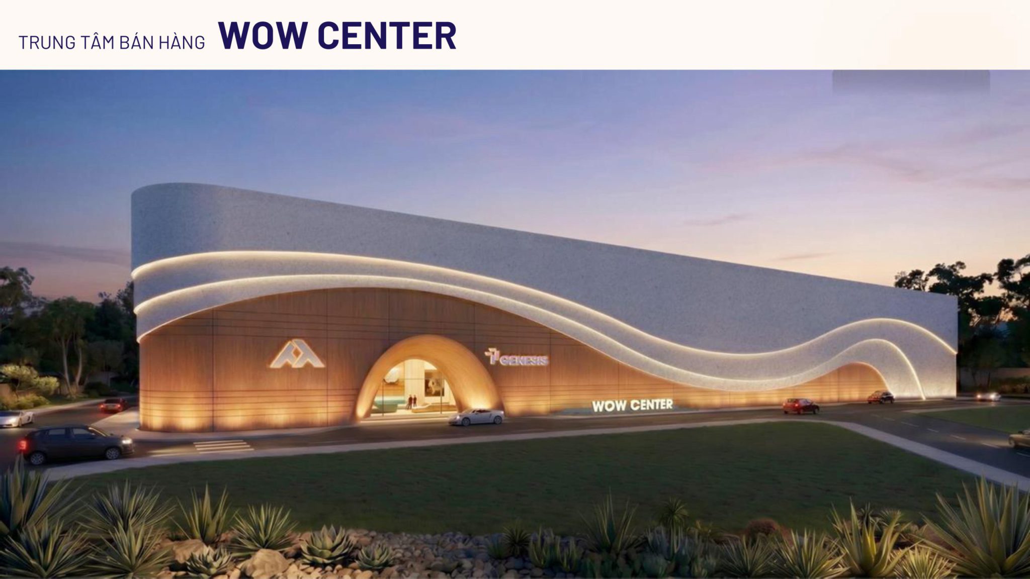 Phối cảnh kiến trúc hiện đại của Trung tâm bán hàng Wow Center tại dự án căn hộ TT Genesis.