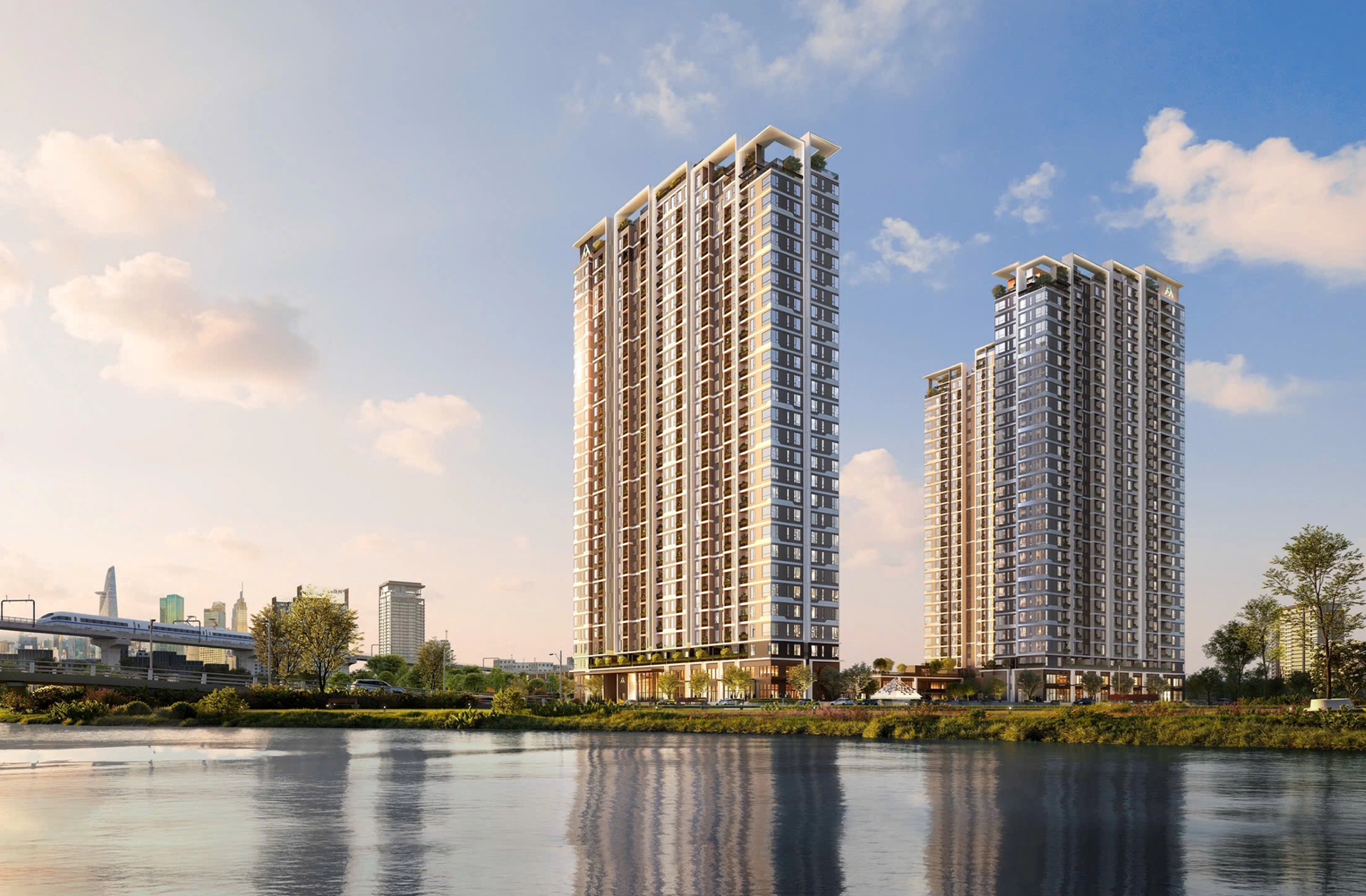 Phối cảnh toàn khu dự án căn hộ TT Genesis ven sông với tầm nhìn hướng về trung tâm thành phố.