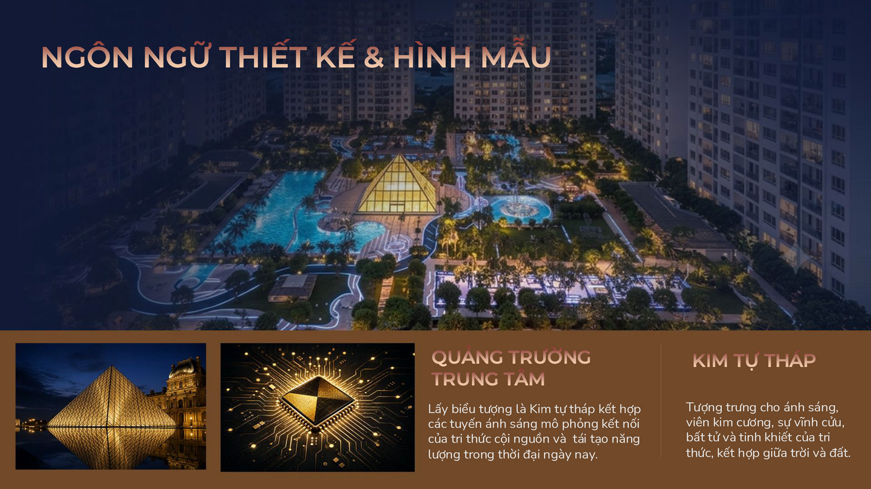 Ngôn ngữ thiết kế dự án TT Genesis với biểu tượng Kim tự tháp tại quảng trường trung tâm tượng trưng cho năng lượng và tri thức cội nguồn.
