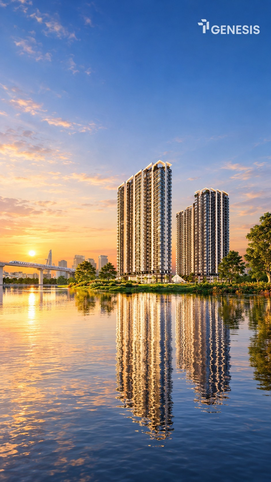 TT Genesis bên sông, hai tòa tháp và bóng phản chiếu trong ánh hoàng hôn